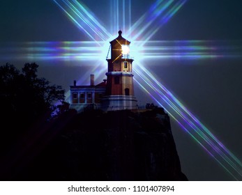 Split Rock Lighthouse Minnesota Lake Superior Scenic Route State Park Night Image With Light Beams Prism Effect 