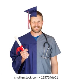 Split Screen Of Caucasian Male As Graduate And Nurse Isolated On White.