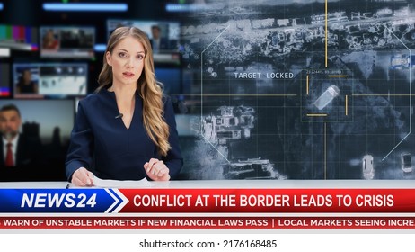 Split Screen Edit Of TV News Live Report: Anchorwoman Talks About Story Segment With Photo Showing Top Down Satellite Surveillance Of War Crimes Commited. Television Program On Cable Channel Concept.