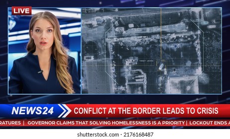 Split Screen Edit Of TV News Live Report: Anchorwoman Talks About Story Segment With Video Showing Top Down Satellite Surveillance Of War Crimes Commited. Television Program On Cable Channel Concept.