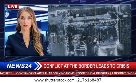 Split Screen Edit of TV News Live Report: Anchorwoman Talks about Story Segment with Video Showing Top Down Satellite Surveillance of War Crimes Commited. Television Program on Cable Channel Concept.