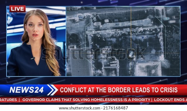 Split Screen Edit of TV News Live Report:\
Anchorwoman Talks about Story Segment with Video Showing Top Down\
Satellite Surveillance of War Crimes Commited. Television Program\
on Cable Channel Concept.
