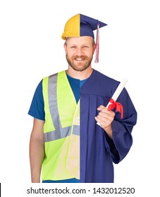 Split Screen Male Graduate In Cap And Gown To Engineer In Hard Hat Concept.