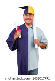 Split Screen Male Hispanic Graduate In Cap And Gown To Engineer In Hard Hat Concept.