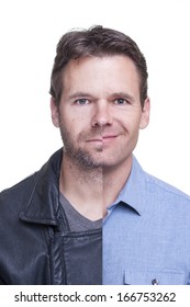 Split Screen Portrait Of Bearded And Clean-shaven Caucasian Man On White Background