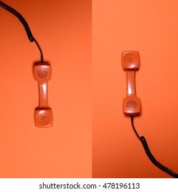 Split Screen With Retro Orange Telephone Tubes On Orange Background - Flat Lay