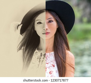 Split Screen, Sepia Black And White And Color, Outdoor Portrait Of A Beautiful Thoughtful Young Chinese Asian Young Woman Or Girl Wearing A Summer Dress And A Black Hat