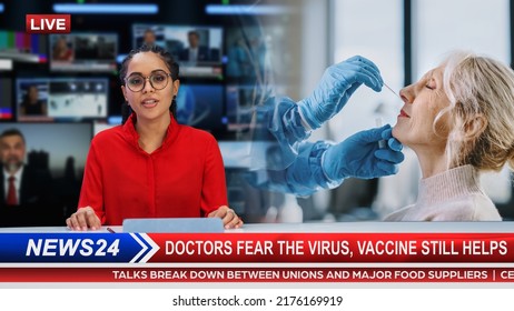 Split Screen TV News Concept: Anchorwoman Talks. Medical Care Segment: Nurse In Protective Face Shield And Overalls Is Taking A PCR Corona Virus Sample In A Health Clinic. Doctor Does Swab Test