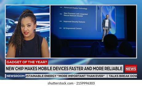 Split Screen TV News Live Report: Anchor Talks. Reportage Montage Covering: Press Conference Presentation Of New High Tech Devices, AI Smartphone. Television Program Channel Concept