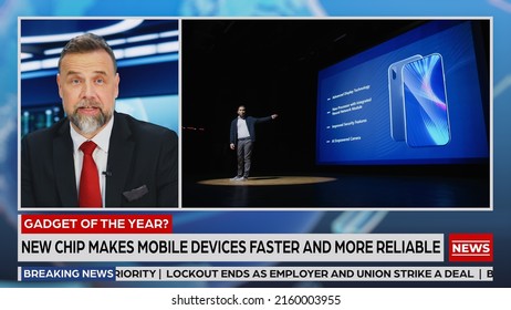 Split Screen TV News Live Report: Anchor Talks. Reportage Montage Covering: Press Conference Presentation Of New High Tech Devices, AI Smartphone. Television Program Channel Concept