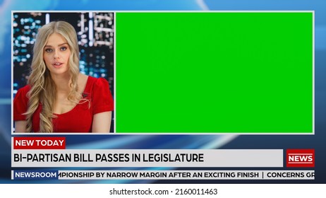 Split Screen TV News Live Report: Female Anchor Talks, Reporting. Reportage Montage With Picture In Picture Green Screen, Side By Side Chroma Key. Television Program Channel Concept