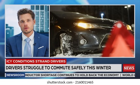 Split Screen TV News Live Report: Anchor Talks. Reportage Montage Covering: Car Crash, Road Traffic Accident, Stormy Winter Weather Condition. Television Program Channel Concept