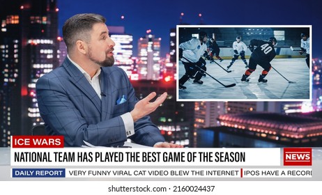Split Screen TV News Live Report: Anchor Talks. Reportage Montage: National Team Played The Best Game In Season. Local Hockey Players Defeated Opponents. Television Program On Cable Channel Concept.