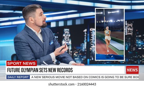 Split Screen TV News Live Report: Anchor Talks. Reportage Montage: Young Beautiful Sports Women Sets New Record, Gets Highest Score In Tournament. Television Program On Cable Channel Concept.