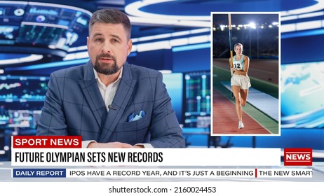 Split Screen TV News Live Report: Anchor Talks. Reportage Montage: Young Beautiful Sports Women Sets New Record, Gets Highest Score In Tournament. Television Program On Cable Channel Concept.