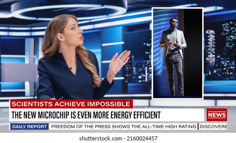 Split Screen TV News Live Report: Anchorwomen Talks. Reportage Montage: Female Newscaster Reviews Tech Presentation With CEO Announcing New Microchip. Television Program On Cable Channel Concept.