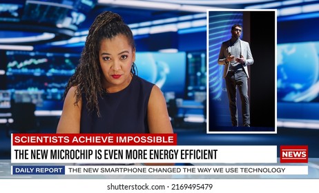 Split Screen TV News Live Report: Anchorwomen Talks. Reportage Montage: Female Newscaster Reviews Tech Presentation With CEO Announcing New Microchip. Television Program On Cable Channel Concept.