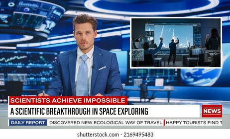 Split Screen TV News Live Report: Anchor Talks. Reportage Montage: Scientists Achieved Great Result In Space Exploration, Researchers Monitoring Launch From Control Center. Television Channel Concept.