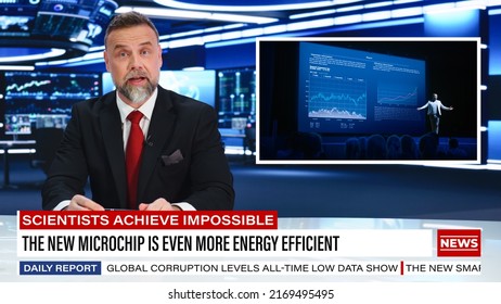 Split Screen TV News Live Report: Anchorman Talks. Reportage Montage: Male Newscaster Reviews Tech Presentation With CEO Announcing New Microchip. Television Program On Cable Channel Concept.