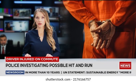 Split Screen TV News Live Report: Anchorwoman Talks. Reportage Edit With Photo Of Handcuffed Criminal Convict At A Law And Justice Court Trial. Prison Sentence To Serve Jail Time.