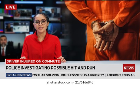 Split Screen TV News Live Report: Anchorwoman Talks. Reportage Edit With Photo Of Handcuffed Criminal Convict At A Law And Justice Court Trial. Prison Sentence To Serve Jail Time. Cable Channel.