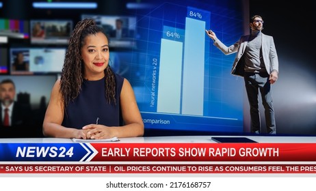 Split Screen TV News Live Report: Anchorwoman Talks. Reportage Edit: Press Conference Presentation Of New High Tech Devices, AI Smartphone. Television Program On Cable Channel Concept.