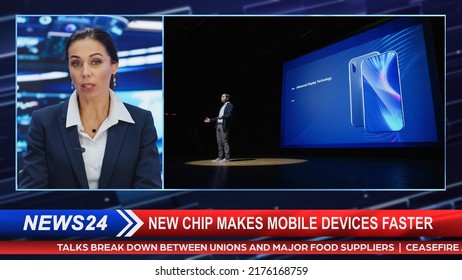 Split Screen TV News Live Report: Anchor Talks. Reportage Edit Covering: Press Conference Presentation Of New High Tech Devices, AI Smartphone. Television Program On Cable Channel Concept.