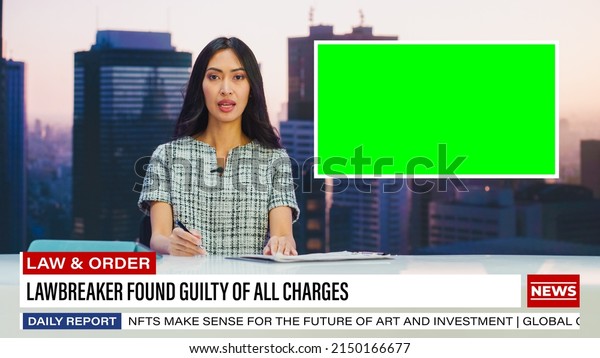 Split Screen TV News Live Report: Female Anchor
Talks, Reporting. Reportage Montage with Picture in Picture Green
Screen, Side by Side Chroma Key. Television Program Channel
Playback. Luma Matte