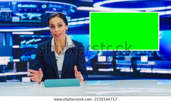 Split Screen TV News Live Report: Female Anchor\
Talks, Reporting. Reportage Montage with Picture in Picture Green\
Screen, Side by Side Chroma Key. Television Program Channel\
Playback. Luma Matte