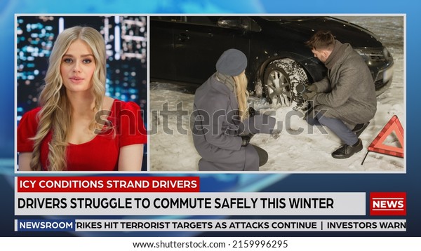 Split\
Screen TV News Live Report: Anchor Talks. Reportage Montage\
Covering: Car Crash, Road Traffic Accident, Stormy Winter Weather\
Condition. Television Program Channel\
Concept