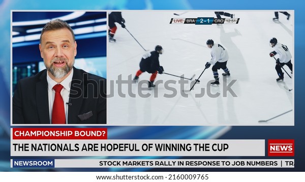 Split Screen TV News Live Report: Anchor Talks.\
Reportage Montage: Professional Ice Hockey Game Championship Match,\
Players Scoring Goal, Celebrating. Television Program Channel\
Concept