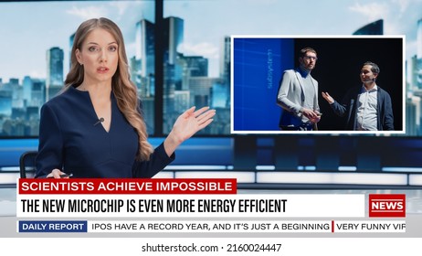 Split Screen TV News Report: Anchorwomen Talks. Reportage Montage: Female Newscaster Reviews Tech Presentation With CEO And CTO Announcing New Microchip. Television Program On Cable Channel Concept.