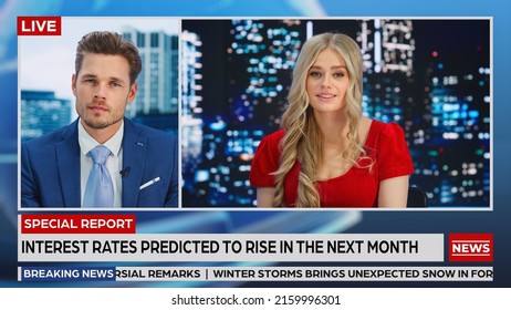 Split Screen: Two Anchors Talking TV Live News Segment. Presenters Discuss Business, Economy, Politics, Science, Daily Events. Evening Television Program on Cable Channel Concept