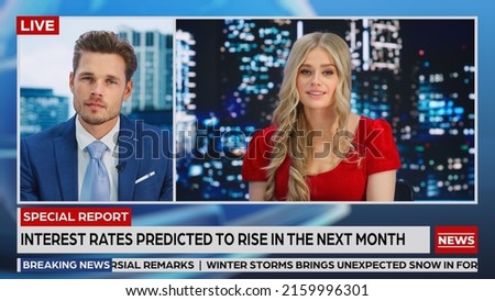 Split Screen: Two Anchors Talking TV Live News Segment. Presenters Discuss Business, Economy, Politics, Science, Daily Events. Evening Television Program on Cable Channel Concept