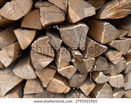 Split Softwood Firewood Stack with Natural Texture at a Forest Edge in Austria.
Close‑up photo of a neatly stacked pile of split softwood, filling the entire frame. The image was taken at the edge of a forest near a field in Austria during spring. The warm tones and natural textures highlight regional firewood, sustainable heating, and the organic structure of freshly split wood.