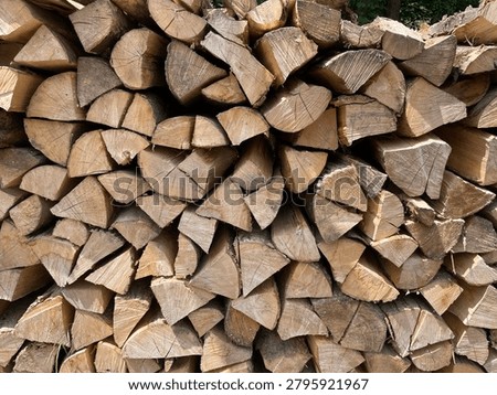 Split Softwood Firewood Stack with Natural Texture at a Forest Edge in Austria.
Close‑up photo of a neatly stacked pile of split softwood, filling the entire frame. The image was taken at the edge of a forest near a field in Austria during spring. The warm tones and natural textures highlight regional firewood, sustainable heating, and the organic structure of freshly split wood.
