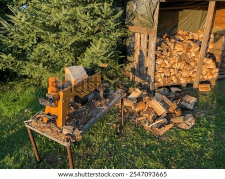 Split wood for the fireplace with a log splitter for the winter