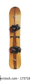 Splitboard con enlaces y cerraduras de punta y cola aisladas sobre fondo blanco. Snowboard para el tour de esquí
