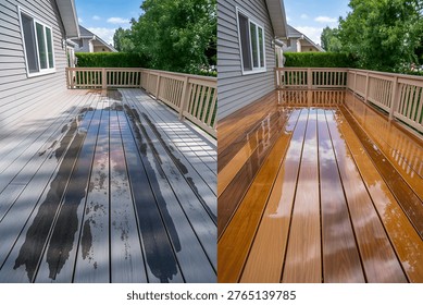 A split-screen visual contrasting a neglected, soiled deck with one that has undergone cleaning and reconditioning