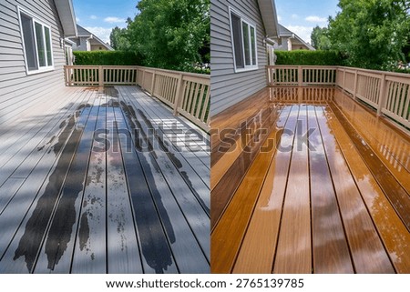 A split-screen visual contrasting a neglected, soiled deck with one that has undergone cleaning and reconditioning