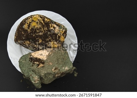 Spoiled bread completely covered with green black and yellow mold fungus on plate over dark background concept of food waste unhealthy product and toxic contamination