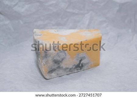 Spoiled cheese surface with visible mold patches, still life highlights organic decay, food waste problem and danger of consuming expired dairy products.