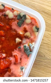 Spoiled Food In Plastic Container. Rotten Tomato Soup, Food Forgotten In The Fridge.