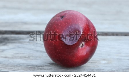 Spoilt decayed dented red apple. Rotten apple fallen with damaged peel
