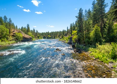 The Spokane River running through the rural Riverside State Park in the Inland Northwest city of Spokane, Washington, USA