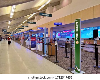 SPOKANE, WA - SEPTEMBER 6, 2019: An Empty Ticketing Hall In Terminal A/B At Spokane International Airport (GEG).  The Airport Recently Installed Dynamic Screens To Enhance The Passenger Experience.