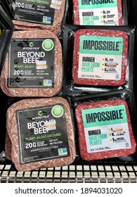 Spokane, WA - USA - September 2020: Beyond Meat And Impossible Brand Plant Based Meats Are On Display At The Grocery Store