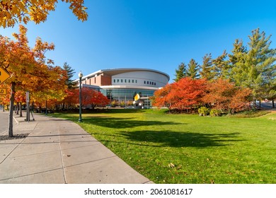 Spokane, Washington, USA - October 18 2021: View Of The Spokane Veterans Memorial Arena And Concert Hall With Fall Colors On The Leaves At Autumn.