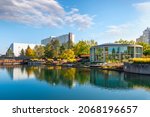 Spokane, Washington, USA - October 30 2021: Autumn view along the Spokane River of Riverfront Park and the carousel in downtown Spokane, Washington, USA.
