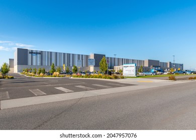 Spokane, Washington, USA - September 25 2021: The Amazon Fulfillment Center sign and building in Airway Heights, a suburb of Spokane, Washington.